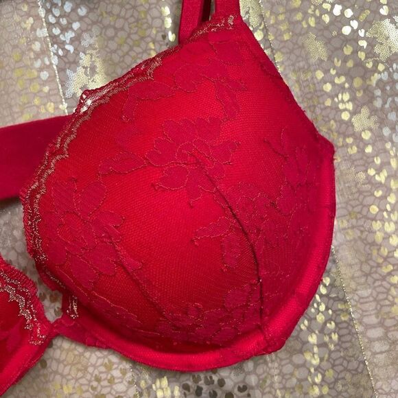 Victoria’s Secret Dream Angels Red Gold Lace Push Up Bra 32DD - Picture 4 of 7